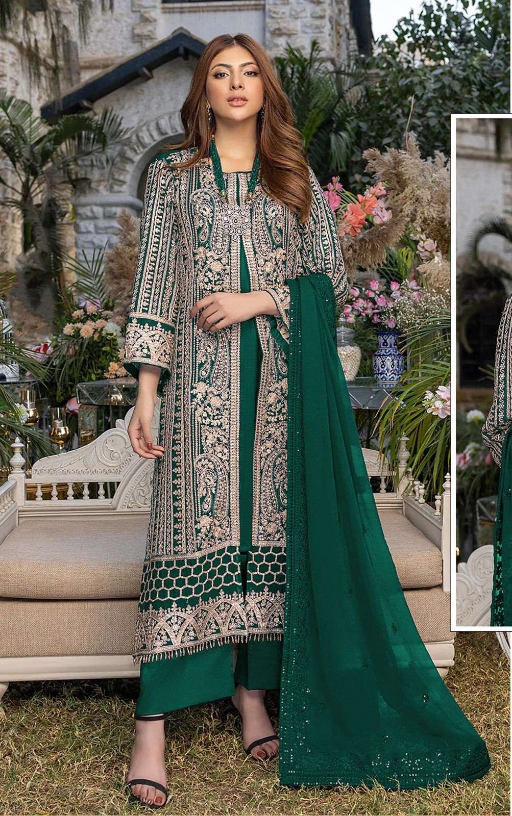 DESIGNER FANCY PARTY WEAR STRAIGHT GEORGETTE GREEN PAKISATNI SALWAR SUIT JG 14786B