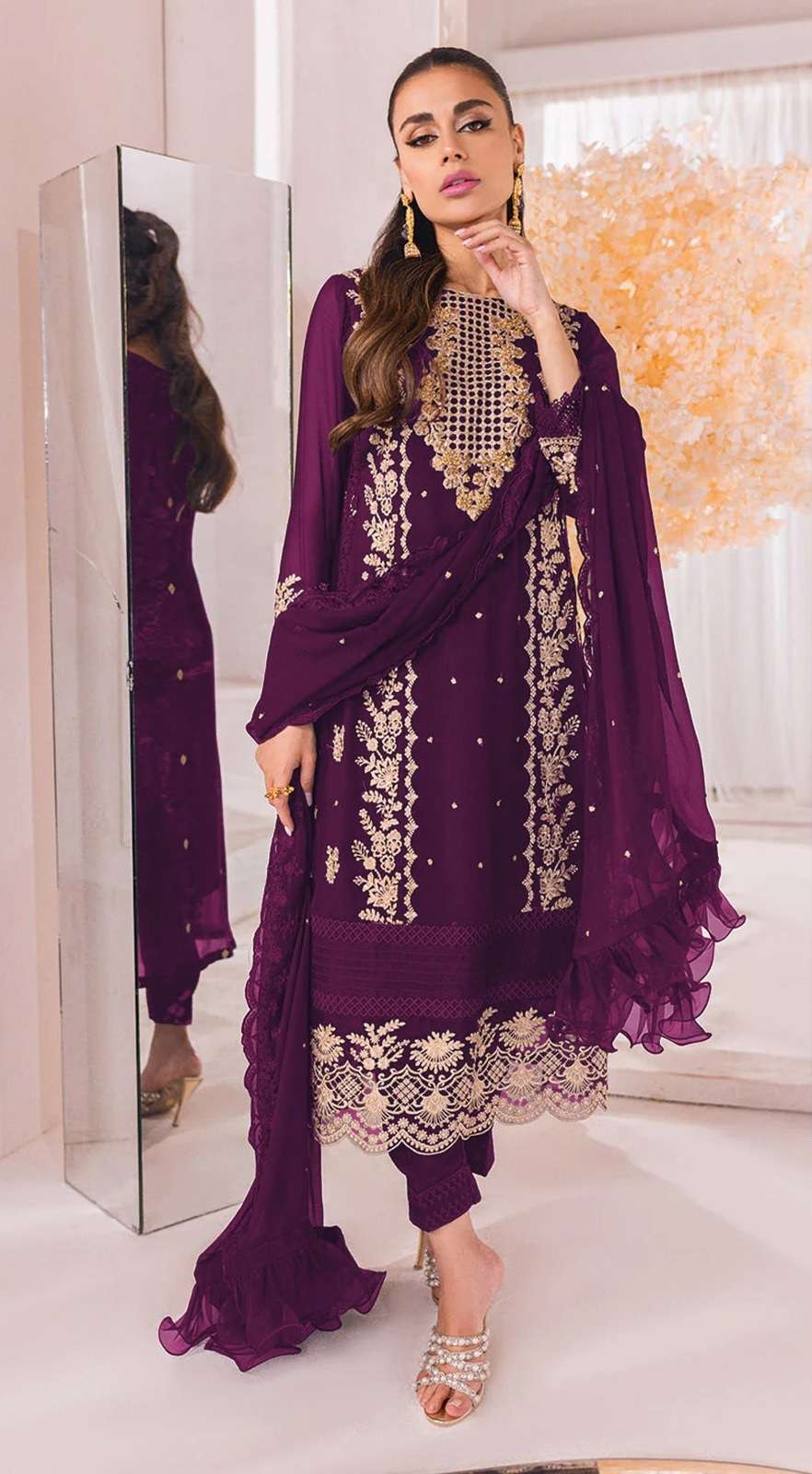 DESIGNER FANCY PARTY WEAR STRAIGHT GEORGETTE PURPLE PAKISATNI SALWAR SUIT JG 15786C