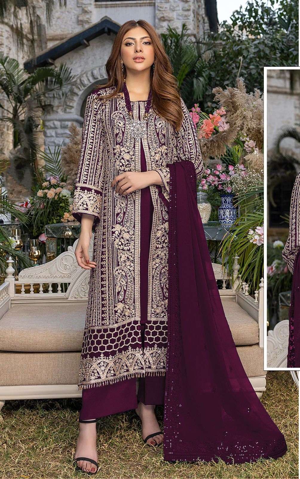 DESIGNER FANCY PARTY WEAR STRAIGHT GEORGETTE WINE PAKISATNI SALWAR SUIT JG 14786C