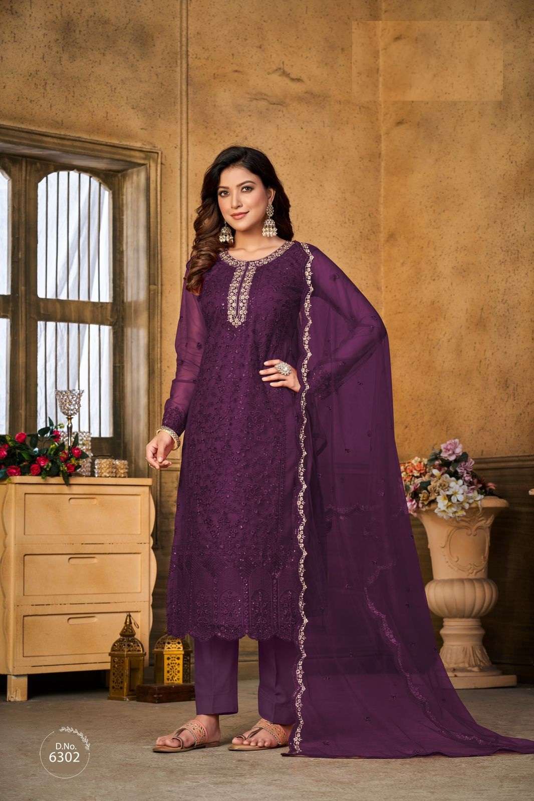 DESIGNER FANCY PARTY WEAR STRAIGHT PURPLE NET SALWAR SUIT COLLECTION ANAYA 6302