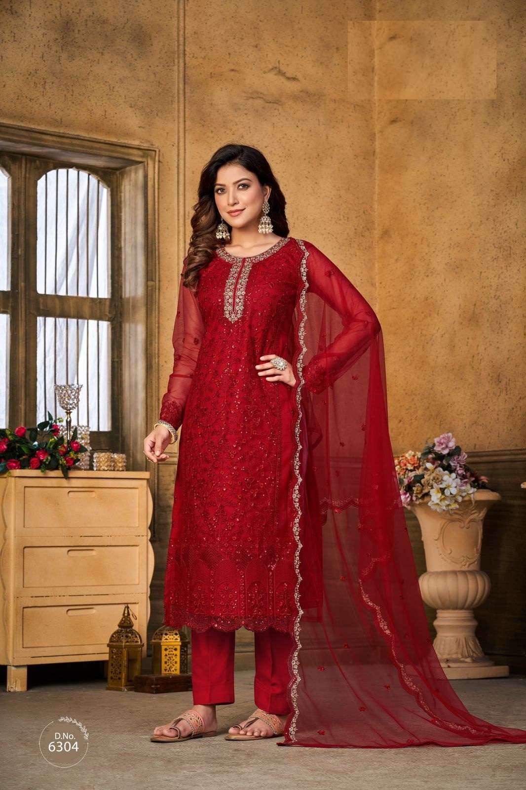 DESIGNER FANCY PARTY WEAR STRAIGHT RED NET SALWAR SUIT COLLECTION ANAYA 6304