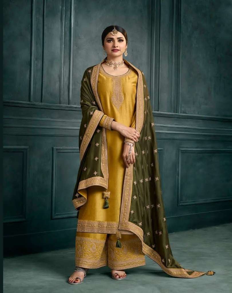 DESIGNER FANCY PARTY WEAR YELLOW GEORGETTE SILK STRAIGHT SALWAR SUIT WITH PLAZZO RH 63872