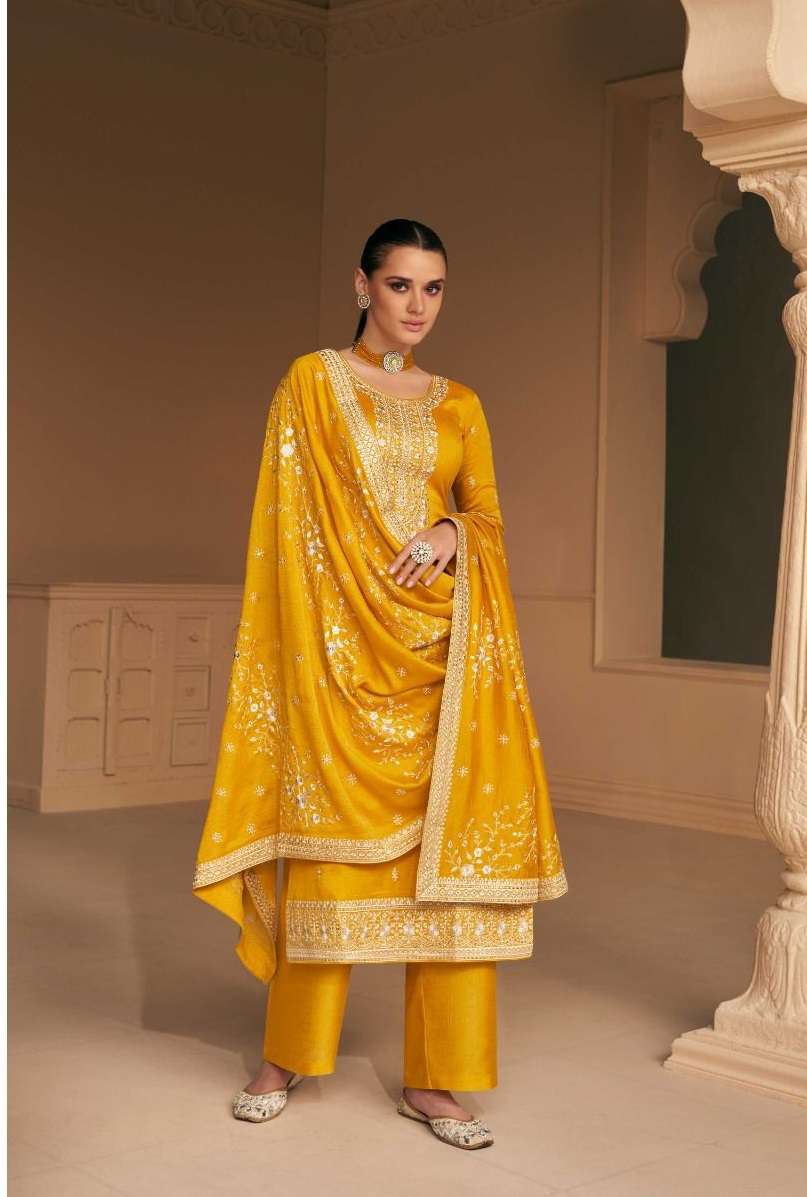 DESIGNER FANCY PARTY WEAR YELLOW PREMIUM SILK STRAIGHT SALWAR SUIT AF FALAK 9650