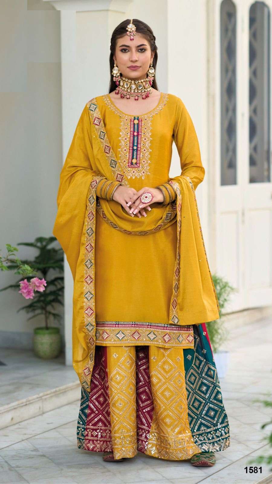 DESIGNER FANCY PARTY WEAR YELLOW SHARARA PALAZZO CHINON SALWAR SUIT EB SAFRON 1581