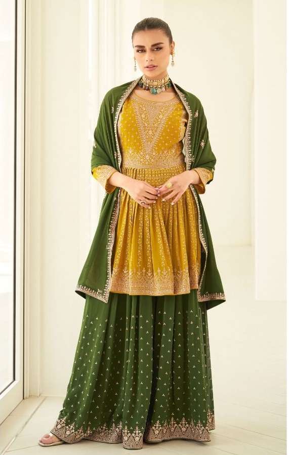 DESIGNER FANCY PARTY WEAR YELLOW SHARARA PALAZZO REAL GEORGETTE SALWAR SUIT AF SOMYA 9661