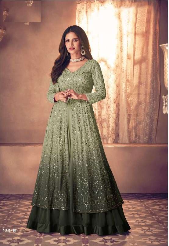 DESIGNER FANCY PISTA GREEN LONG ANARKALI SALWAR SUIT GOWN EXCLUSIVE FOR PARTY WEAR SAYURI PADDING NOOR 123R