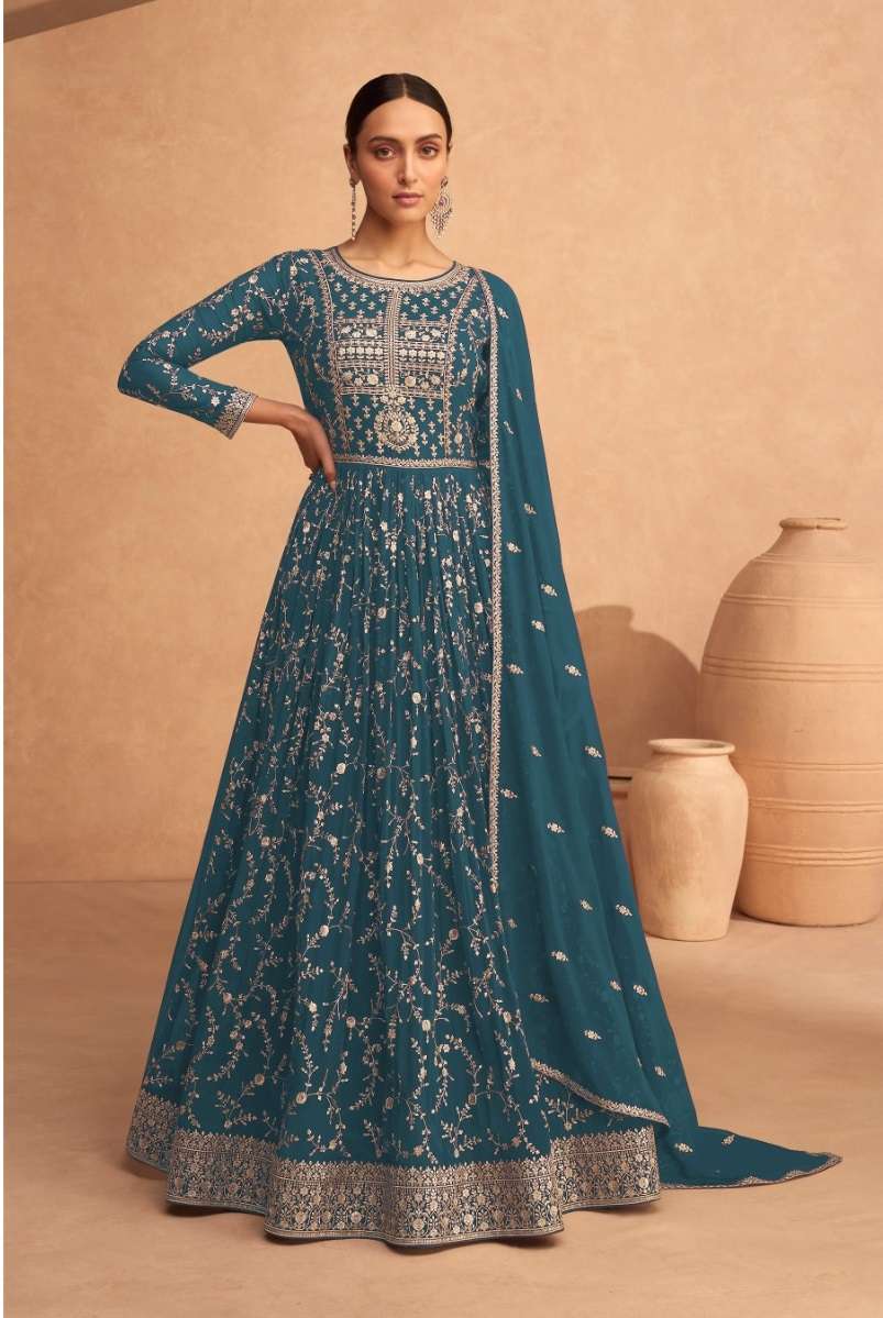 DESIGNER FANCY RAMA BLUE LONG ANARKALI GEORGETTE SALWAR SUIT GOWN EXCLUSIVE FOR PARTY WEAR CPR 9487C