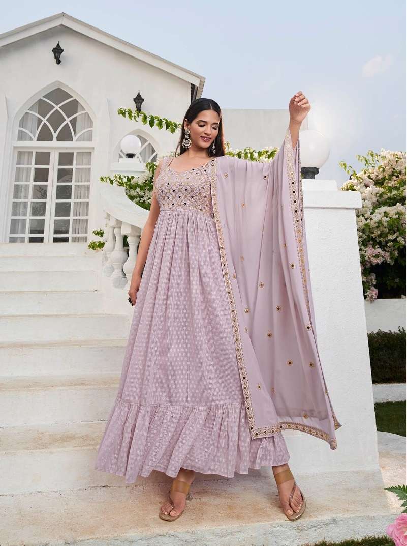 DESIGNER FANCY READYMADE WEDDING PARTY WEAR GEORGETTE LAVENDER ANARKALI SHARARA SALWAR SUIT KF FLORY 4875