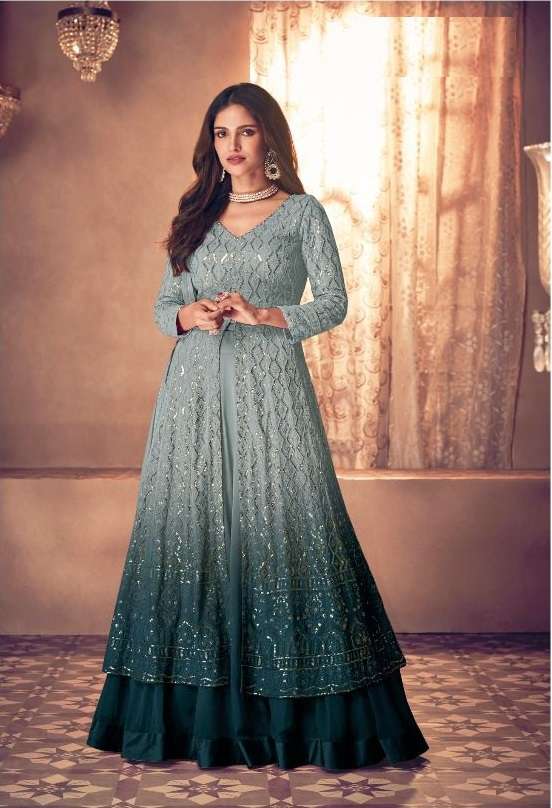 DESIGNER FANCY SKY BLUE LONG ANARKALI SALWAR SUIT GOWN EXCLUSIVE FOR PARTY WEAR SAYURI PADDING NOOR 123O