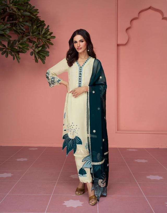 DESIGNER FANCY STRAIGHT WHITE SALWAR SUIT FOR WEDDING PARTY WEAR IN ORGANZA SILK FABRIC GL SOFIYA 5263