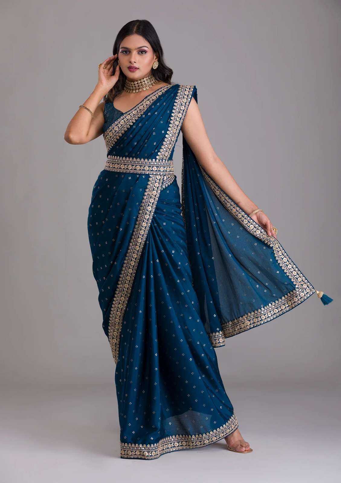 DESIGNER FANCY WEDDING PARTY WEAR DESIGNER CHINON BLUE SILK SAREE SM PC 1