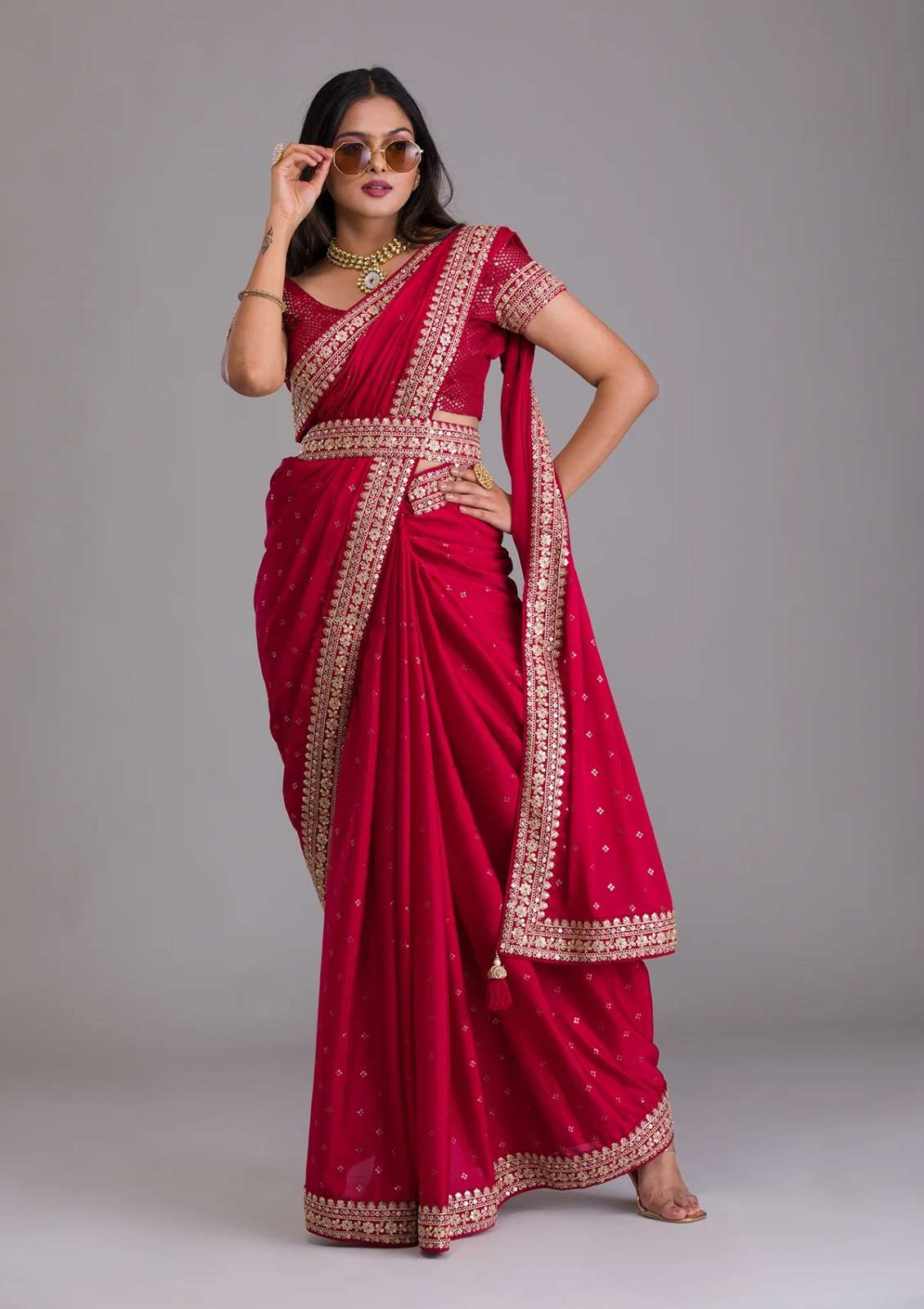 DESIGNER FANCY WEDDING PARTY WEAR DESIGNER CHINON RANI PINK SILK SAREE SM PC 2