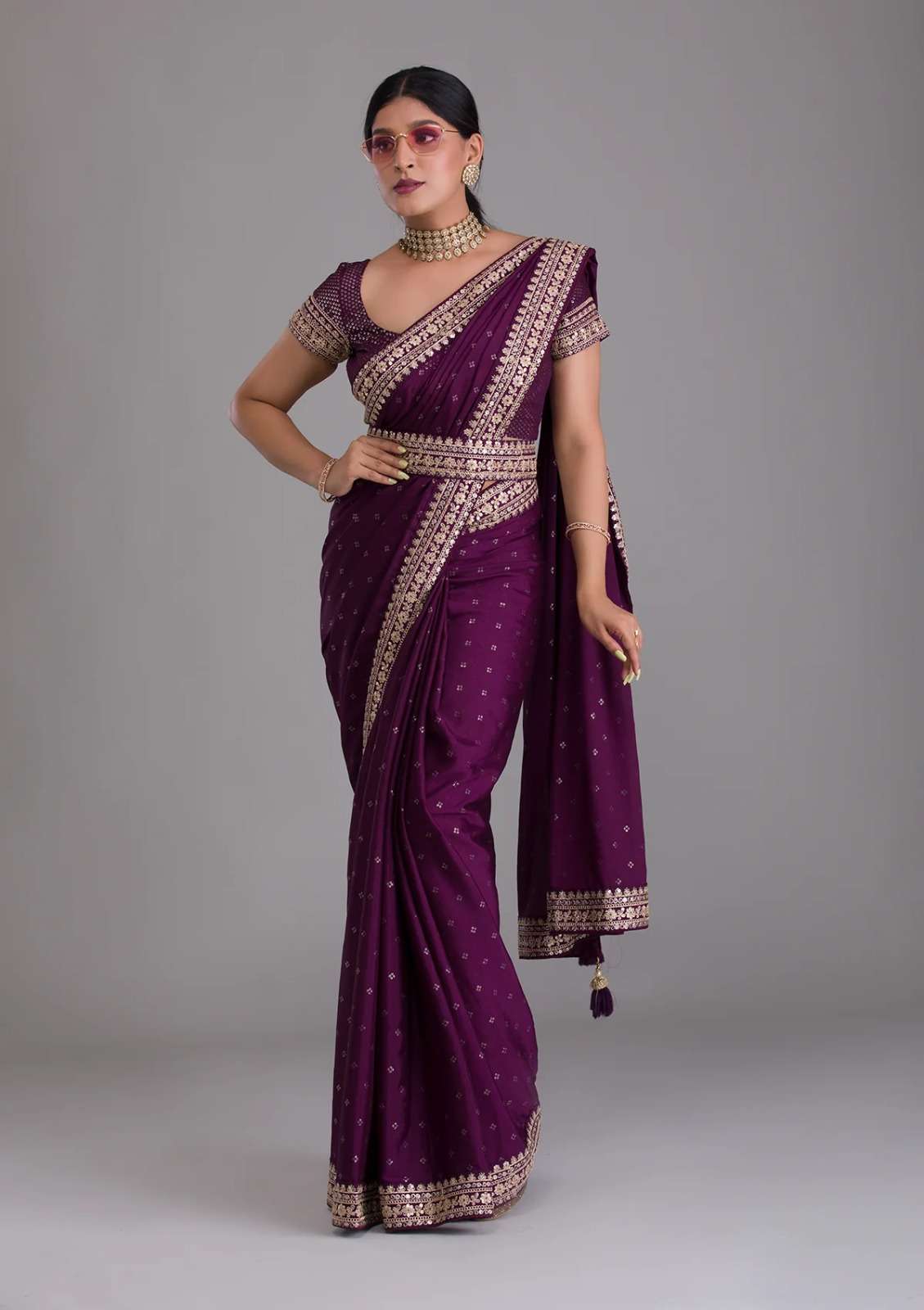 DESIGNER FANCY WEDDING PARTY WEAR DESIGNER CHINON WINE PURPLE SILK SAREE SM PC 3