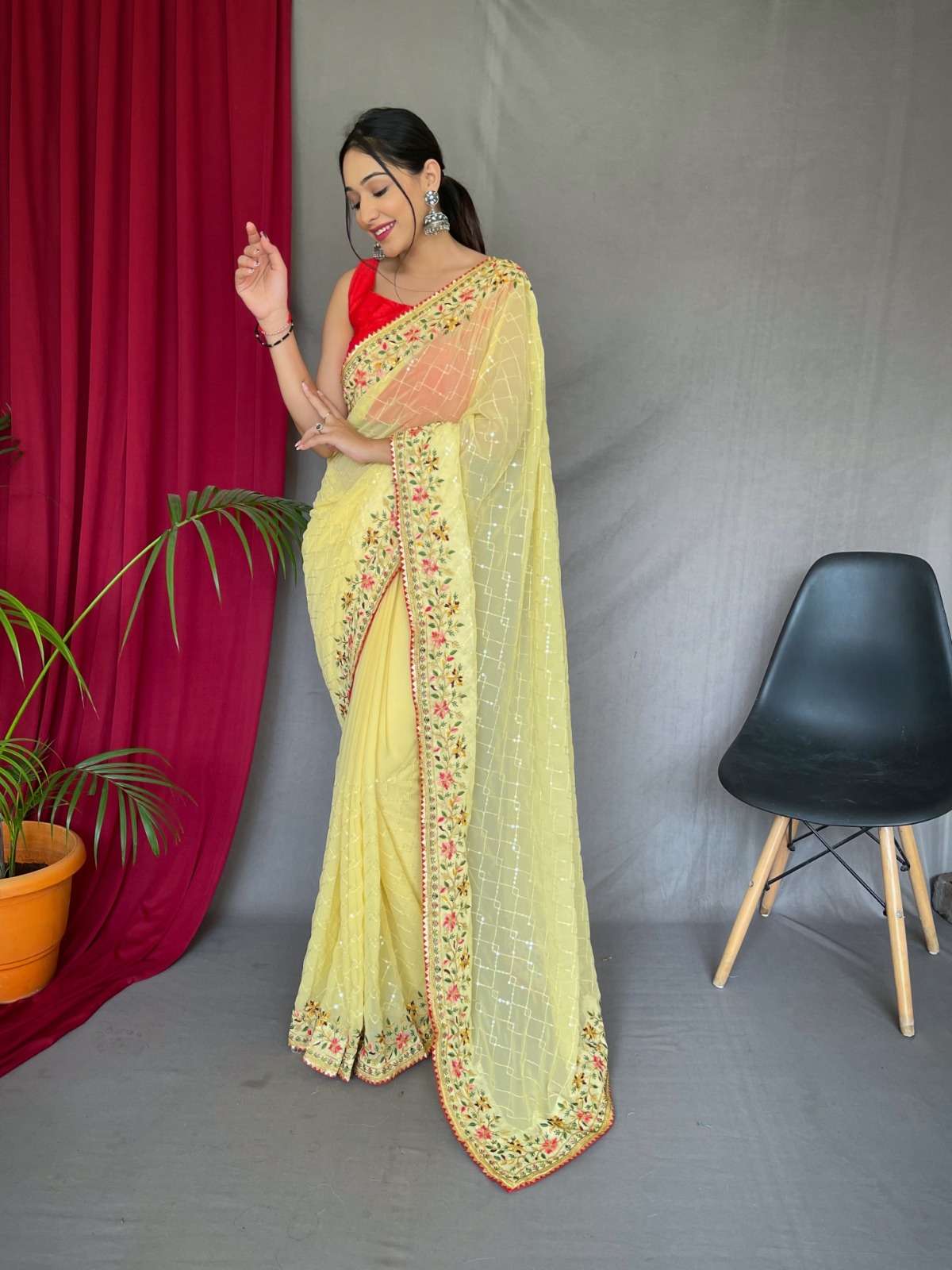 DESIGNER FANCY WEDDING PARTY WEAR DESIGNER GEORGETTE SILK YELLOW SAREE RED BLOUSE SM PC 3