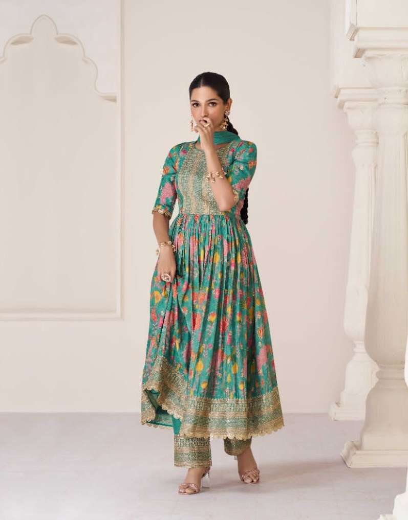 DESIGNER FANCY WEDDING PARTY WEAR GREEN ORGANZA SILK NAYRA CUT SHARARA SALWAR SUIT SAYURI PHULHARI 5275