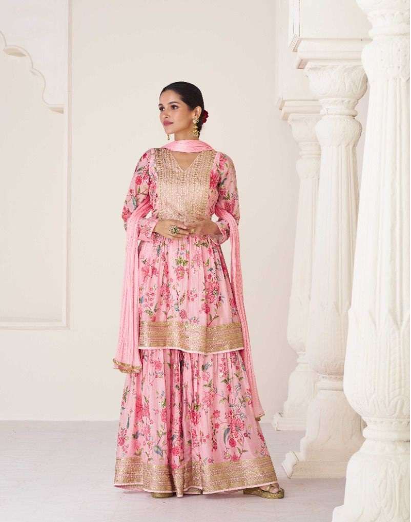 DESIGNER FANCY WEDDING PARTY WEAR PINK ORGANZA SILK NAYRA CUT SHARARA SALWAR SUIT SAYURI PHULHARI 5276