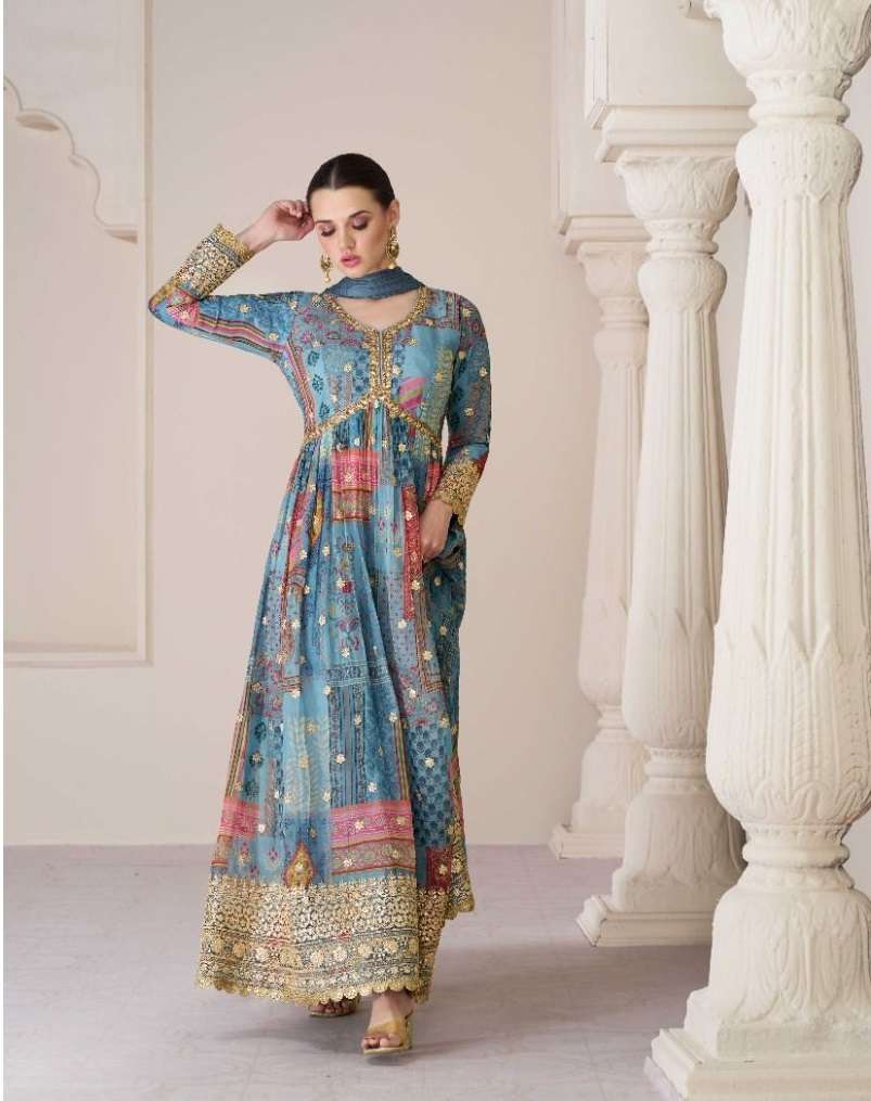 DESIGNER FANCY WEDDING PARTY WEAR SKY BLUE ORGANZA SILK NAYRA CUT SHARARA SALWAR SUIT SAYURI PHULHARI 5273