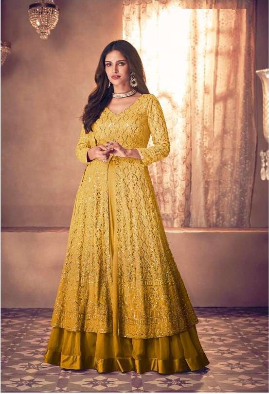 DESIGNER FANCY YELLOW LONG ANARKALI SALWAR SUIT GOWN EXCLUSIVE FOR PARTY WEAR SAYURI PADDING NOOR 123Q