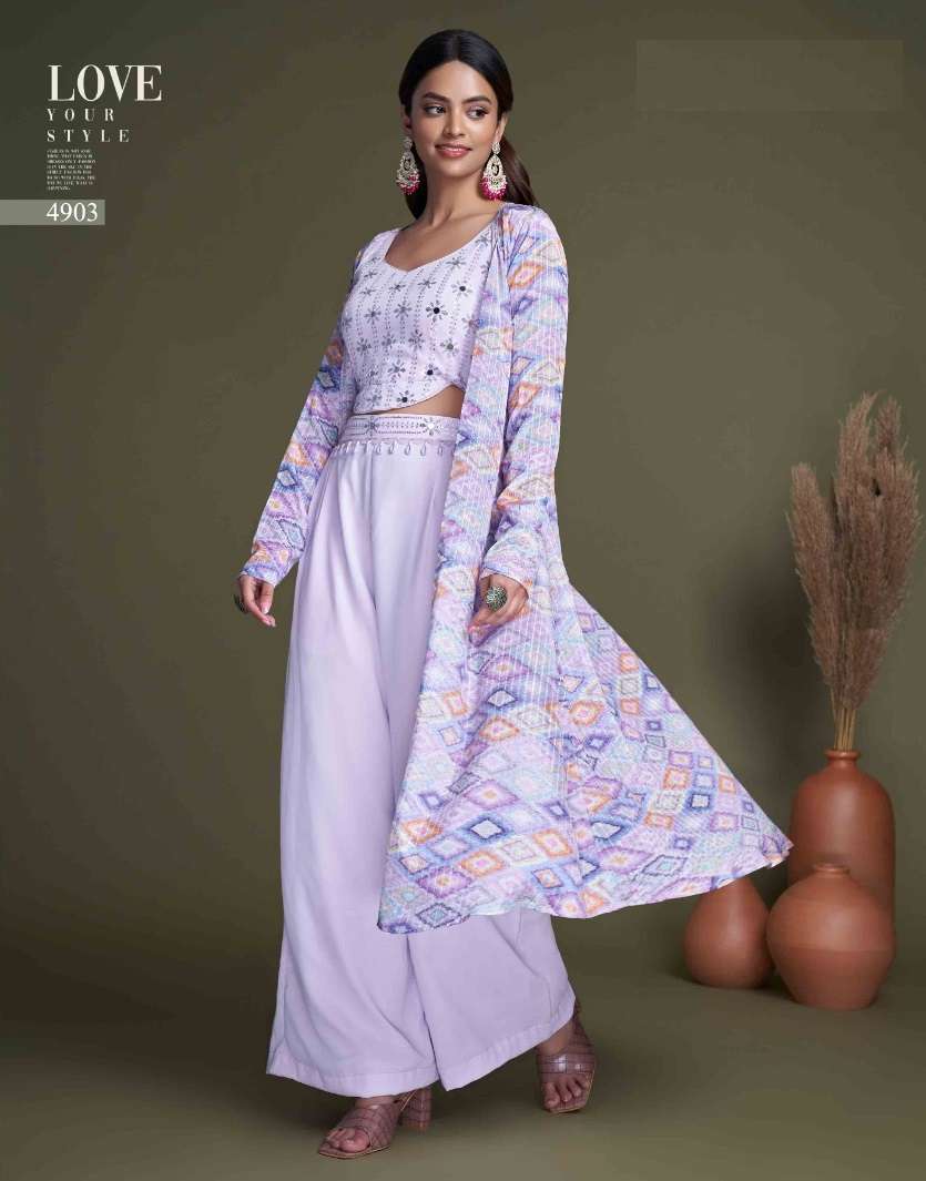 DESIGNER FANCYREADY TO WEAR WESTERN WEAR LAVENDER CROP TOP KOTI BLOUSE SHARARA STYLE EXCLUSIVE COLLECTION KF FLORY 4903