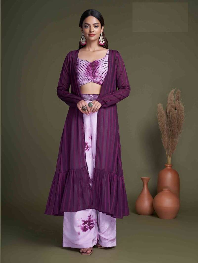 DESIGNER FANCYREADY TO WEAR WESTERN WEAR PURPLE CROP TOP KOTI BLOUSE SHARARA STYLE EXCLUSIVE COLLECTION KF FLORY 4902