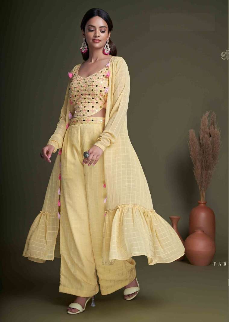 DESIGNER FANCYREADY TO WEAR WESTERN WEAR YELLOW CROP TOP KOTI BLOUSE SHARARA STYLE EXCLUSIVE COLLECTION KF FLORY 4904