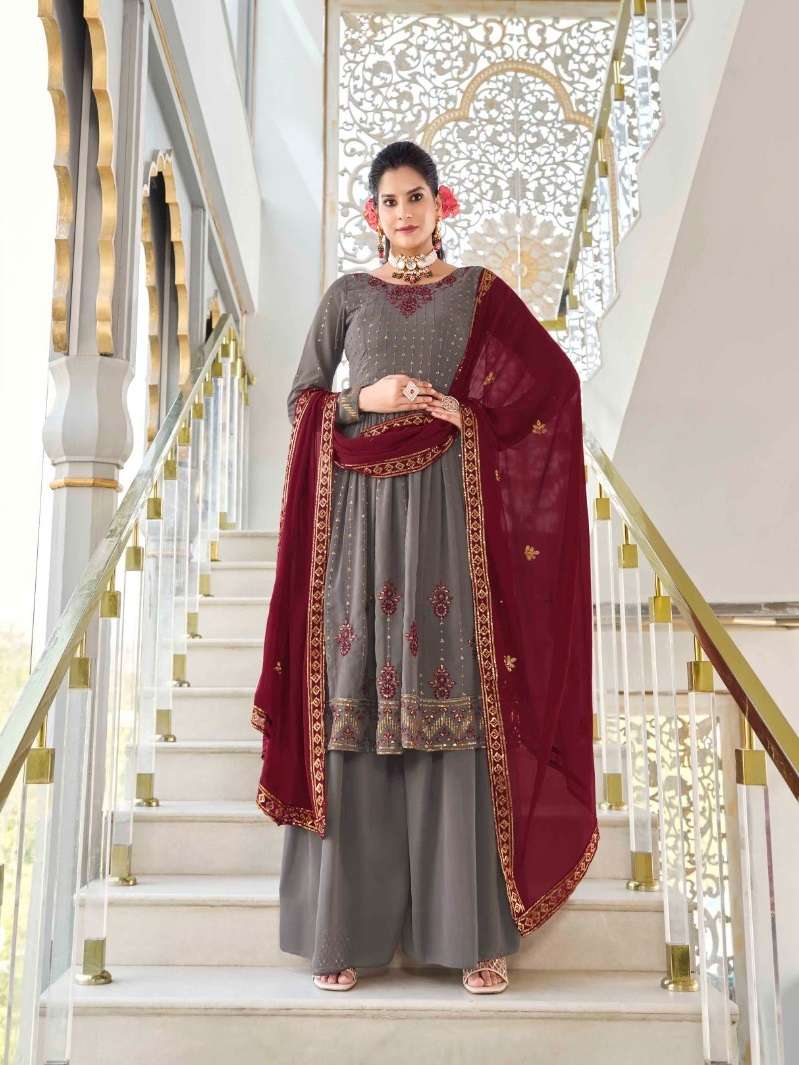 DESIGNER READY TO WEAR FANCY PARTY WEAR GREY SHARARA PALAZZO GEORGETTE SALWAR SUIT KF FLORY 4932