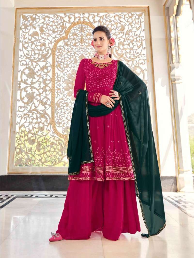 DESIGNER READY TO WEAR FANCY PARTY WEAR PINK SHARARA PALAZZO GEORGETTE SALWAR SUIT KF FLORY 4934