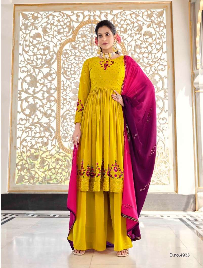 DESIGNER READY TO WEAR FANCY PARTY WEAR YELLOW SHARARA PALAZZO GEORGETTE SALWAR SUIT KF FLORY 4933