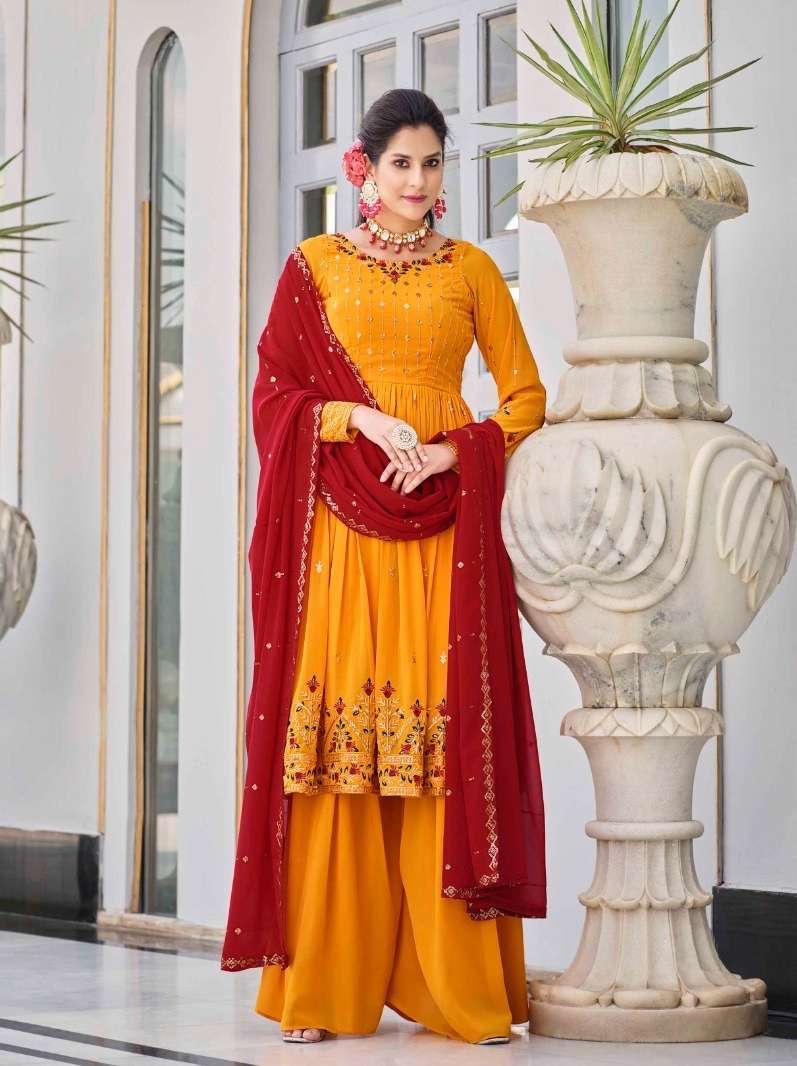 DESIGNER READY TO WEAR FANCY PARTY WEAR YELLOW SHARARA PALAZZO GEORGETTE SALWAR SUIT KF FLORY 4935