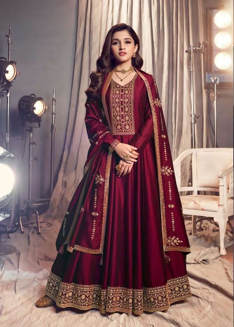 DESIGNER SILK MAROON ANARKALI SALWAR SUIT GOWN WITH DUPATTA IN LATEST RH 41206