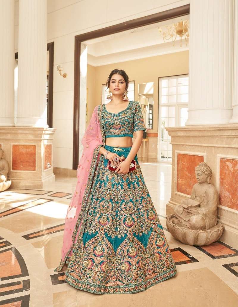 DESIGNER TRENDY STYLISH FANCY PARTY WEAR ART SILK TEAL BLUE LEHENGA CHOLI SHREEMATEE FASHION ZC CULTURAL 7419