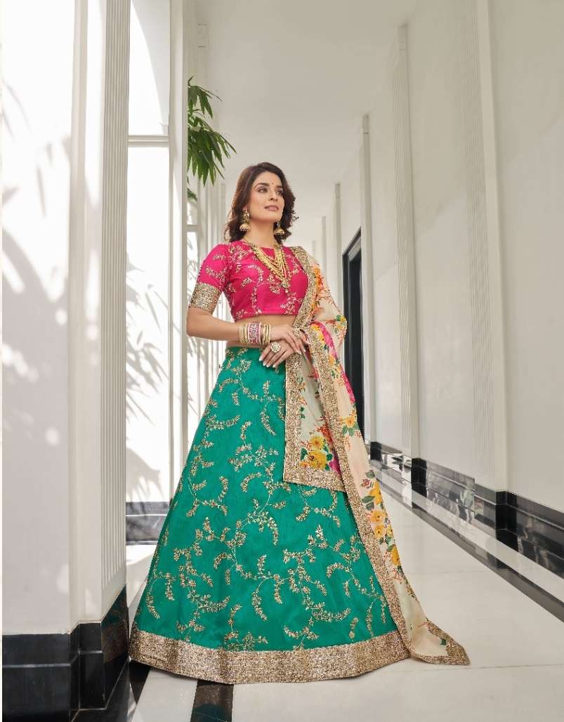 DESIGNER TRENDY STYLISH FANCY PARTY WEAR ART SILK GREEN LEHENGA CHOLI SHREEMATEE FASHION ZC CULTURAL 7424