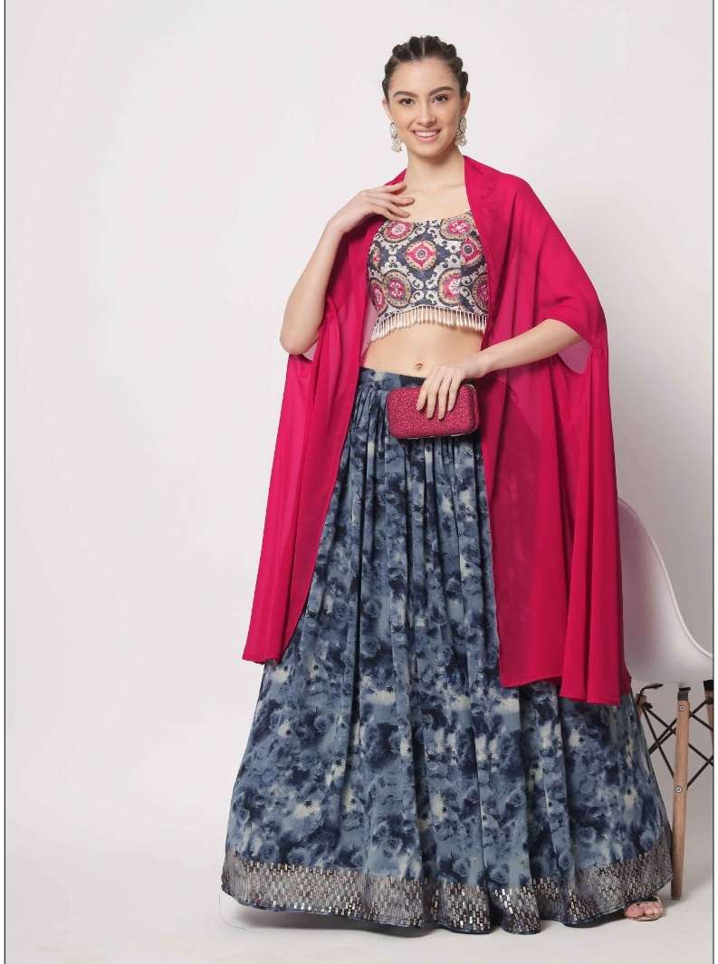 DESIGNER TRENDY STYLISH FANCY PARTY WEAR GEORGETTE BLUE LEHENGA CHOLI KF 7092