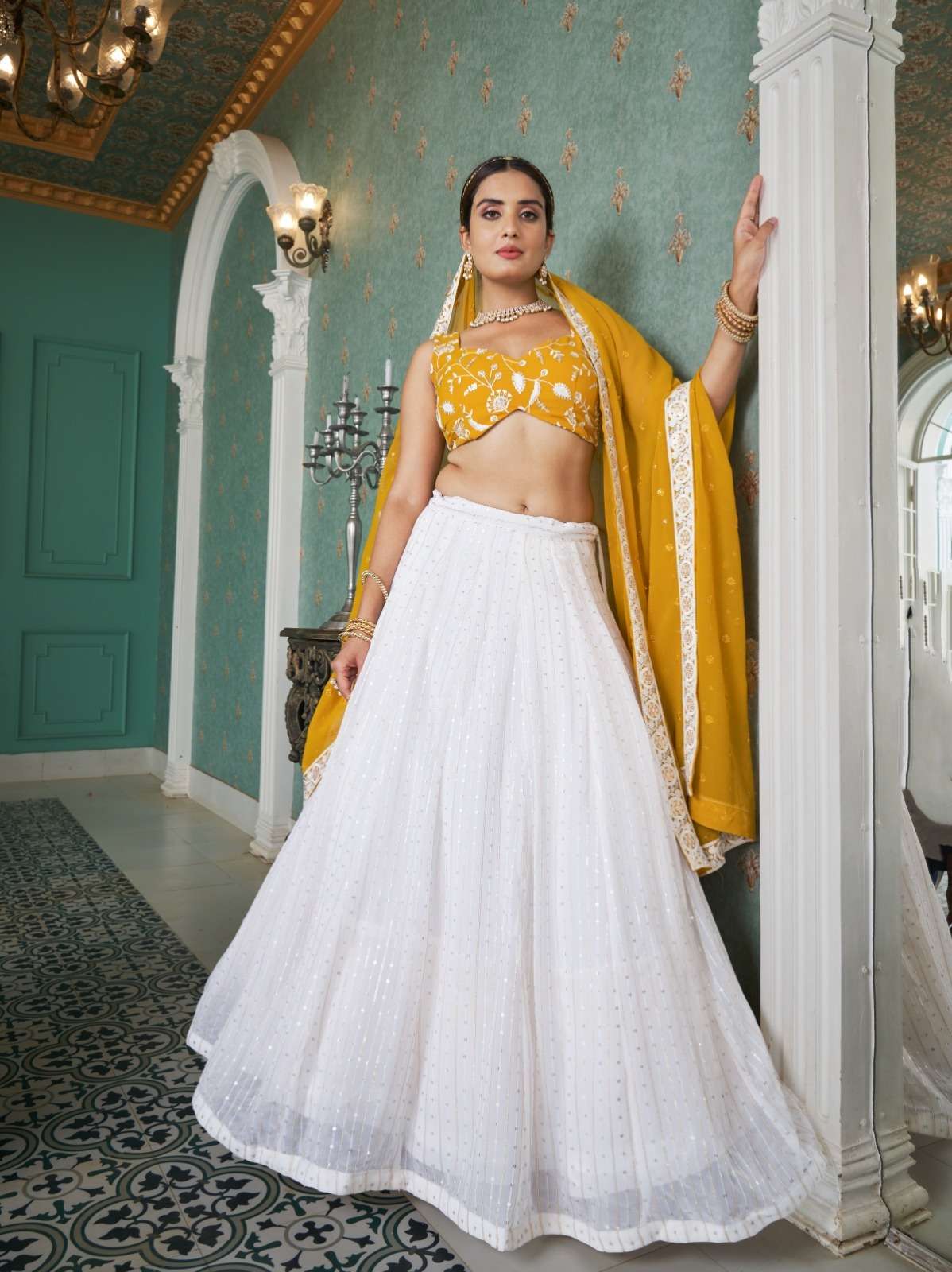 DESIGNER TRENDY STYLISH FANCY PARTY WEAR GEORGETTE WHITE YELLOW LEHENGA CHOLI SHREEMATEE FASHION PC 1738