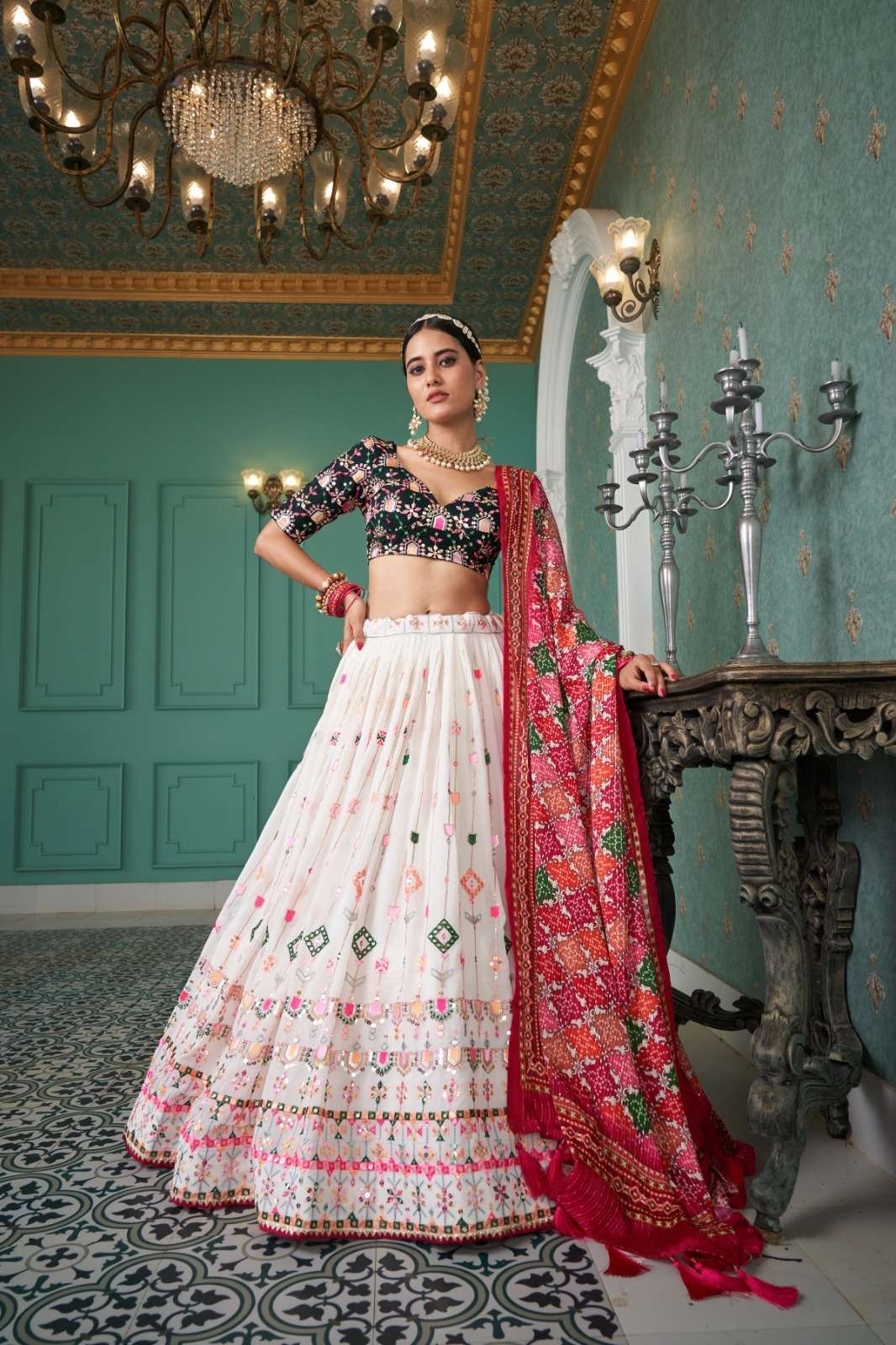 DESIGNER TRENDY STYLISH FANCY PARTY WEAR GEORGETTE WHITE RED LEHENGA CHOLI SHREEMATEE FASHION PC 1741