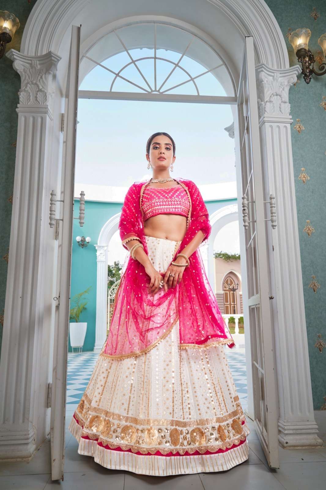 DESIGNER TRENDY STYLISH FANCY PARTY WEAR GEORGETTE WHITE PINK LEHENGA CHOLI SHREEMATEE FASHION PC 1751