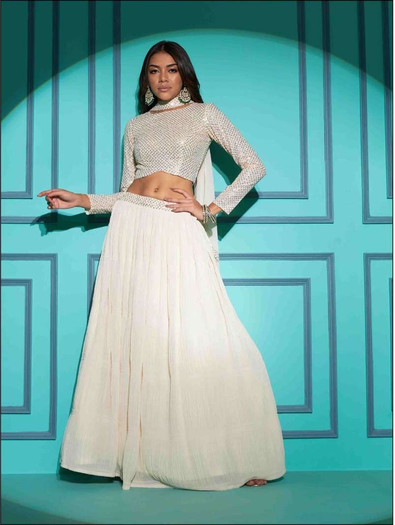 DESIGNER TRENDY STYLISH FANCY PARTY WEAR GEORGETTE WHITE LEHENGA CHOLI WITH FANCY DUPATTA KF 7104