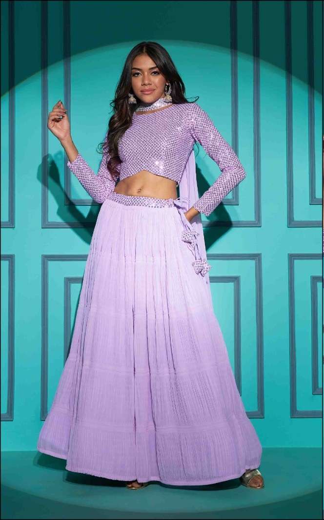 DESIGNER TRENDY STYLISH FANCY PARTY WEAR GEORGETTE LAVENDER LEHENGA CHOLI WITH FANCY DUPATTA KF 7107