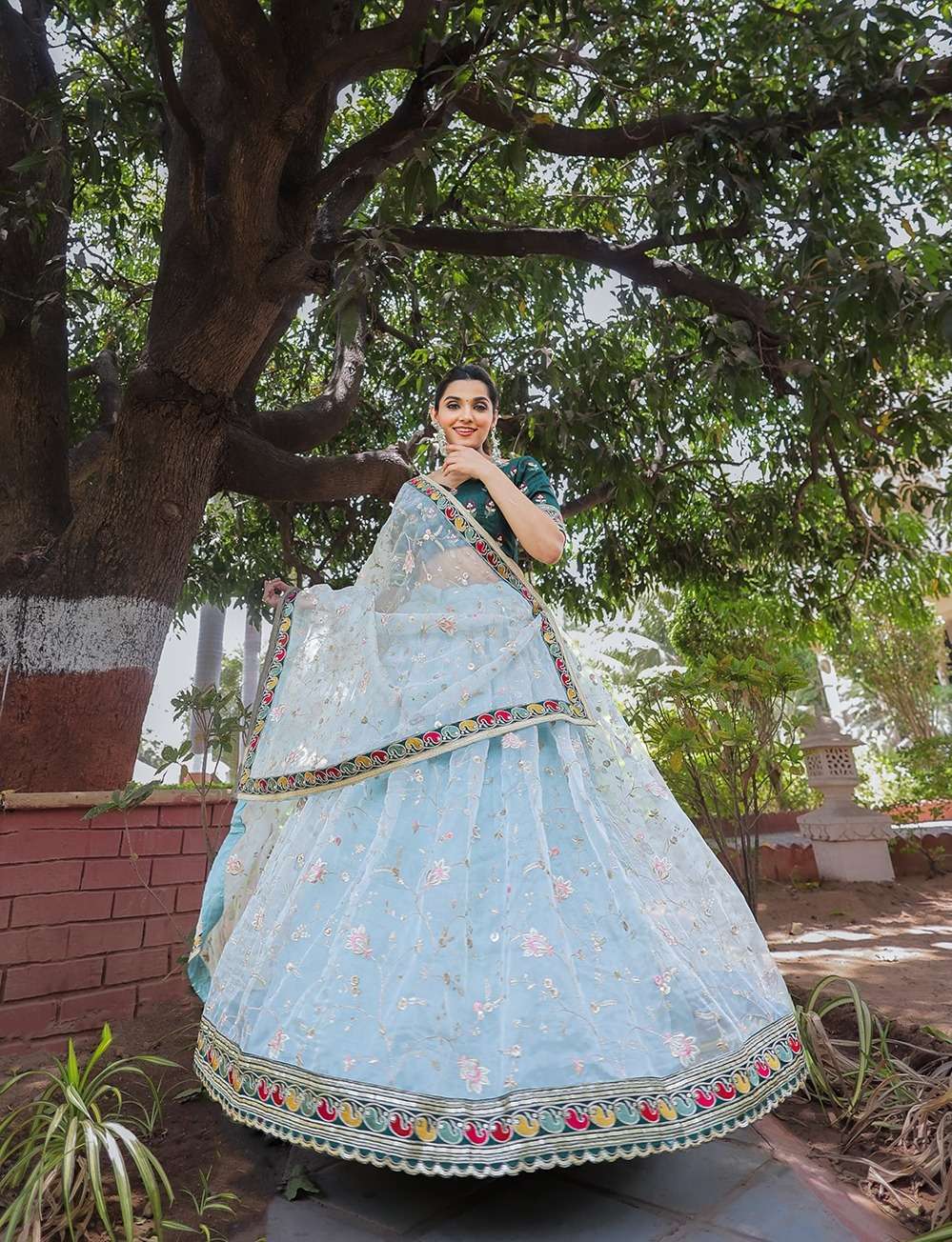 DESIGNER TRENDY STYLISH FANCY PARTY WEAR ORGANZA SKY BLUE LEHENGA CHOLI PC 1746 COLOR