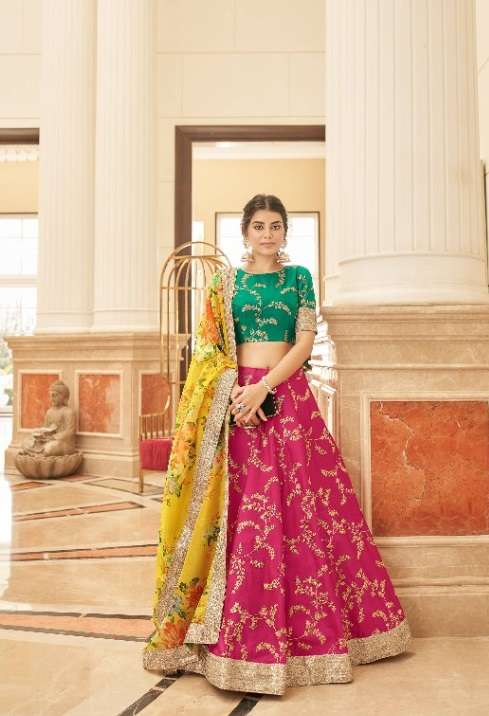 DESIGNER TRENDY STYLISH FANCY PARTY WEAR PINK YELLOW SILK LEHENGA CHOLI SHREEMATEE FASHION ZC CULTURAL 7425