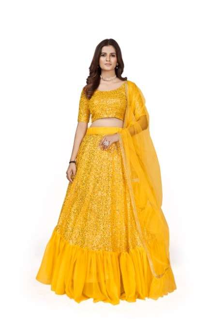 DESIGNER TRENDY STYLISH FANCY PARTY WEAR YELLOW GEORGETTE LEHENGA CHOLI AHVN 1703