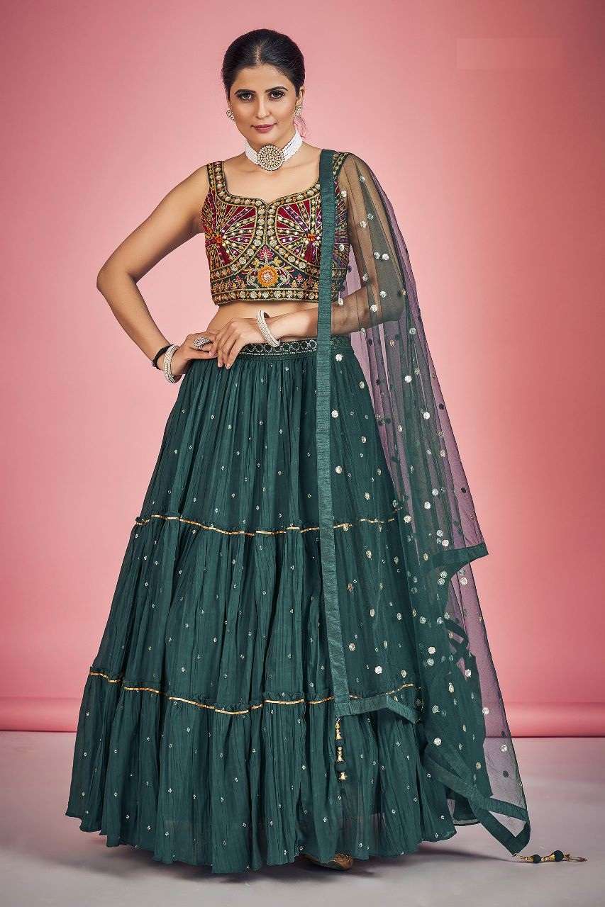 INDIAN BOLLYWOOD DESIGNER FANCY WEDDING PARTY WEAR GEORGETTE FABRIC GREEN LEHENGA WITH THREAD SEQUENCE DST DIF 1