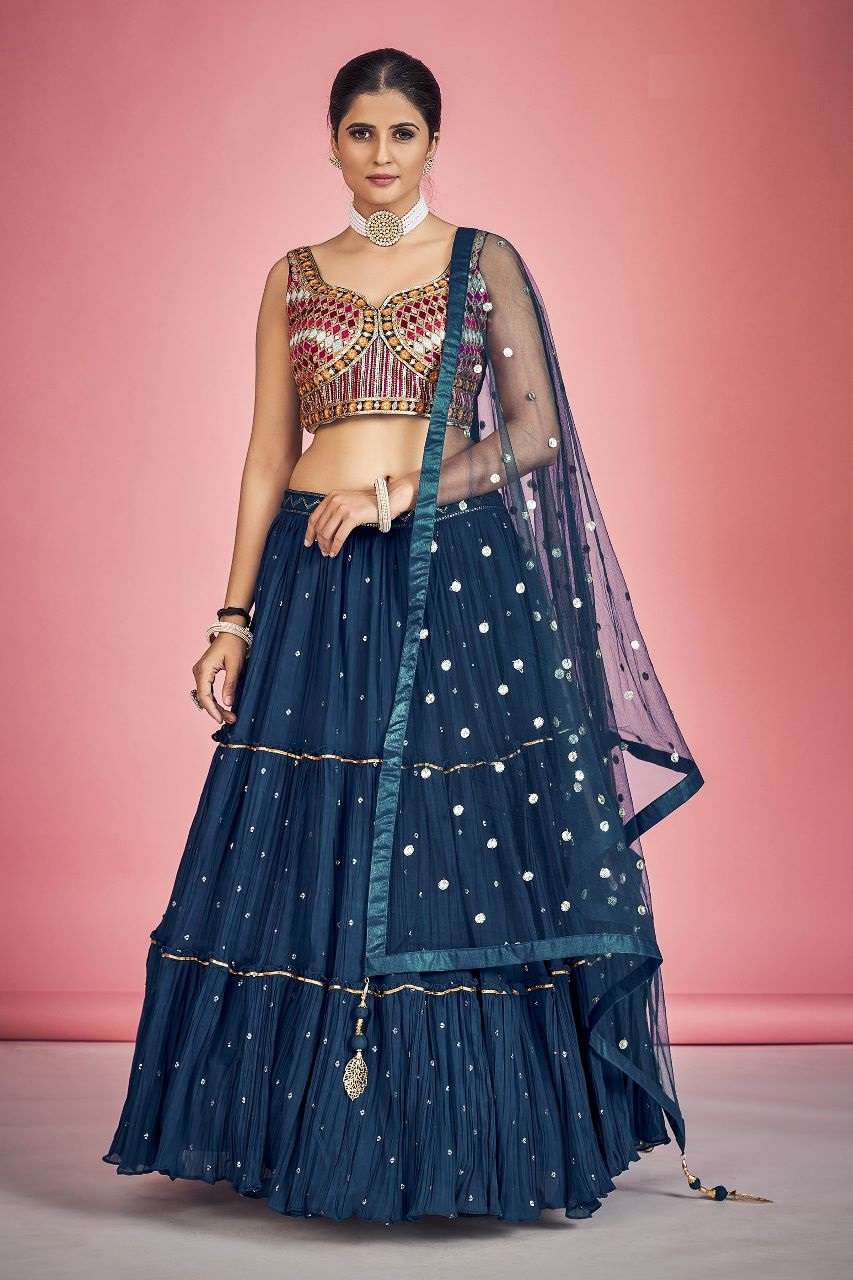 INDIAN BOLLYWOOD DESIGNER FANCY WEDDING PARTY WEAR GEORGETTE FABRIC NEVY BLUE LEHENGA WITH THREAD SEQUENCE DST DIF 2