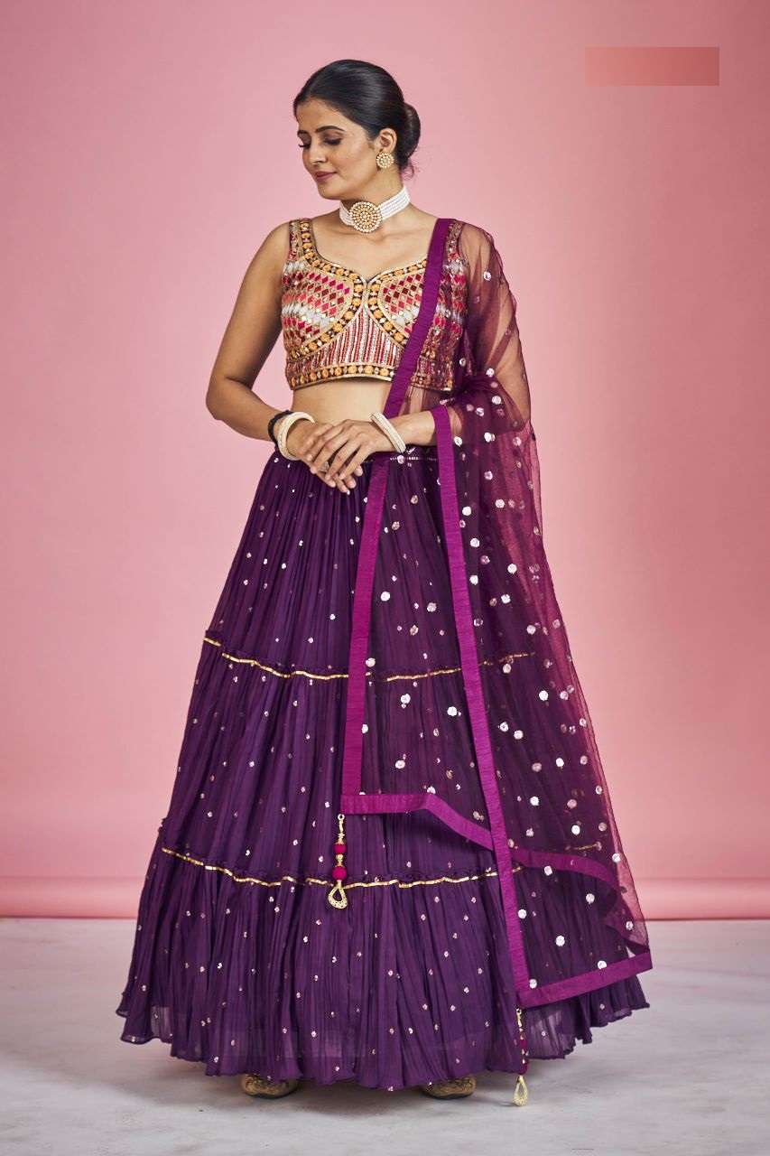 INDIAN BOLLYWOOD DESIGNER FANCY WEDDING PARTY WEAR GEORGETTE FABRIC PURPLE LEHENGA WITH THREAD SEQUENCE DST DIF 3