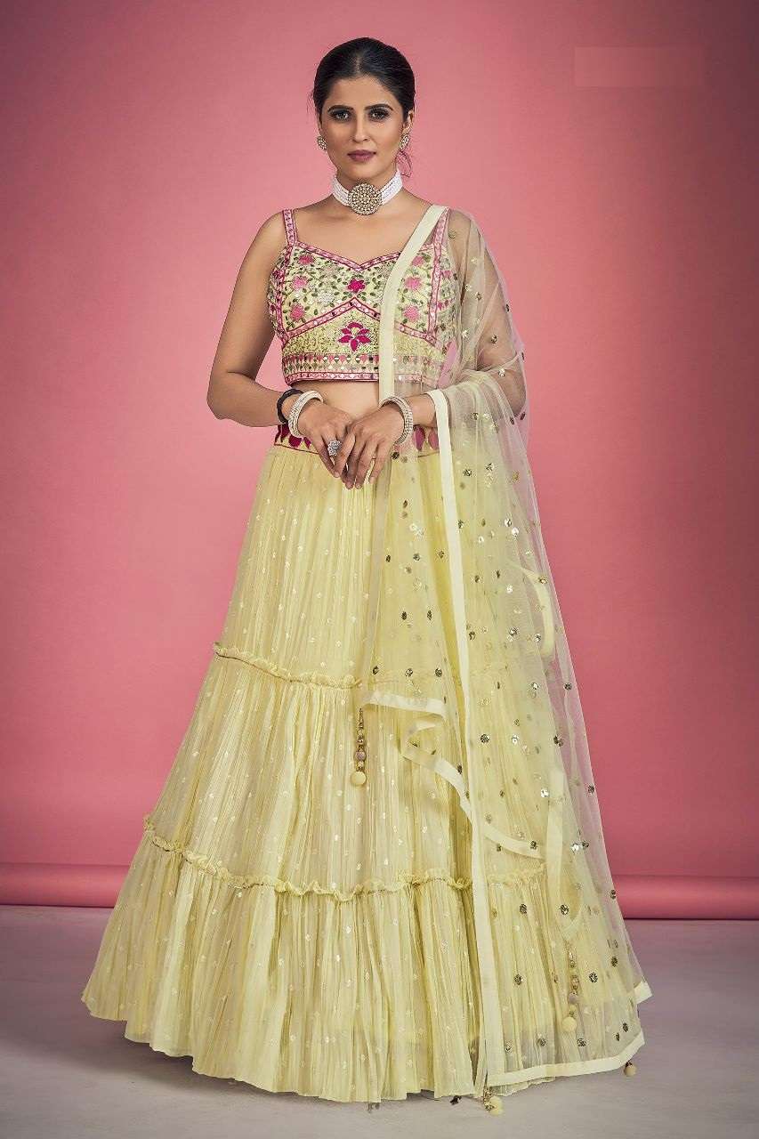 INDIAN BOLLYWOOD DESIGNER FANCY WEDDING PARTY WEAR GEORGETTE FABRIC YELLOW LEHENGA WITH THREAD SEQUENCE DST DIF 4