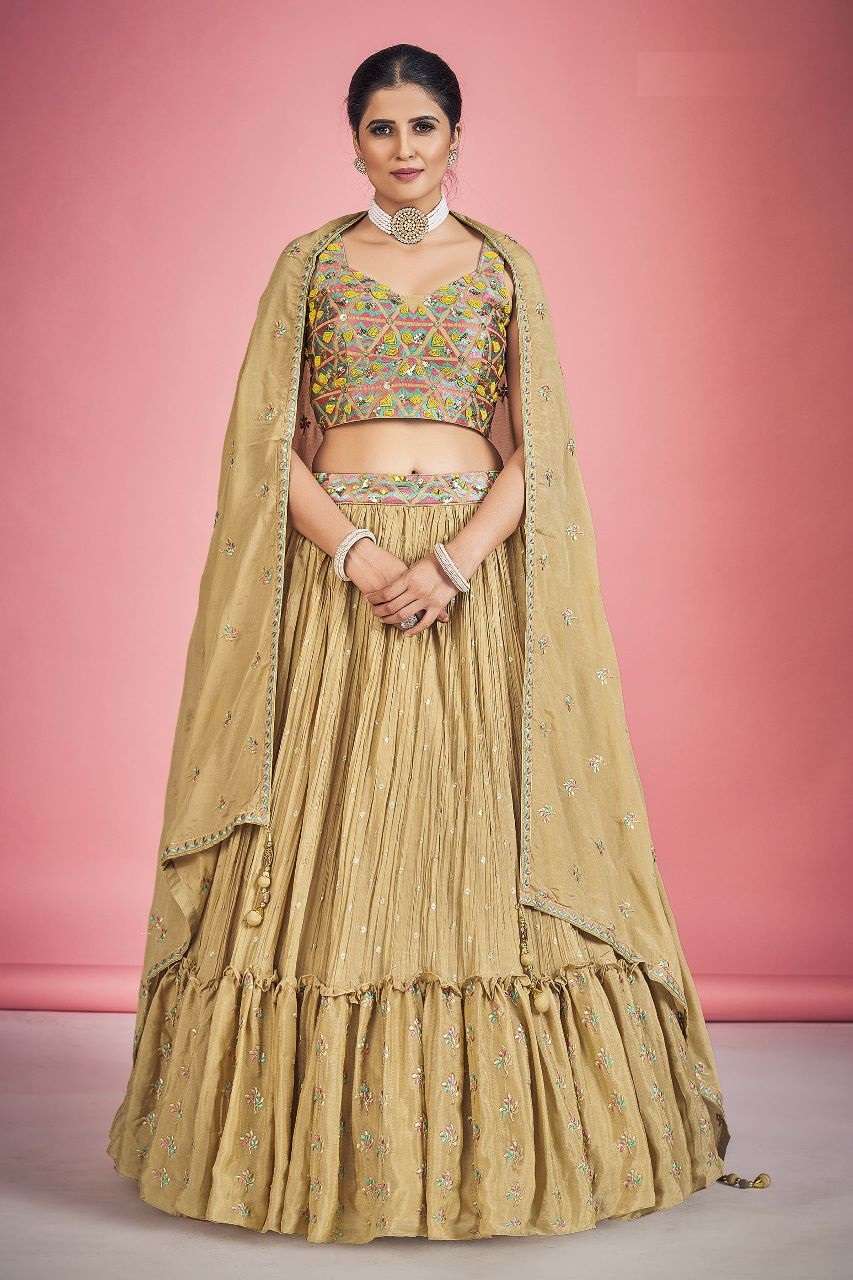 INDIAN BOLLYWOOD DESIGNER FANCY WEDDING PARTY WEAR GEORGETTE FABRIC CHIKU LEHENGA WITH THREAD SEQUENCE DST DIF 5