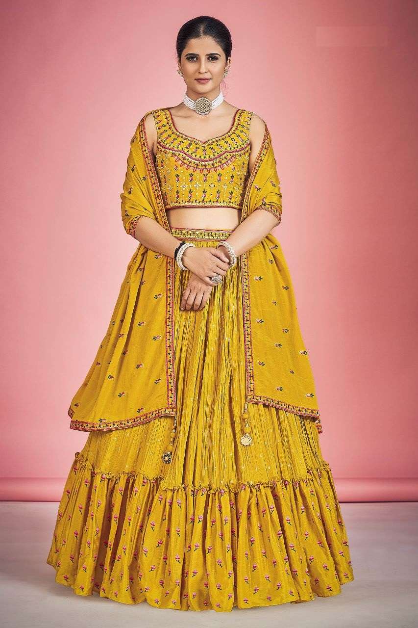 INDIAN BOLLYWOOD DESIGNER FANCY WEDDING PARTY WEAR GEORGETTE FABRIC YELLOW LEHENGA WITH THREAD SEQUENCE DST DIF 6