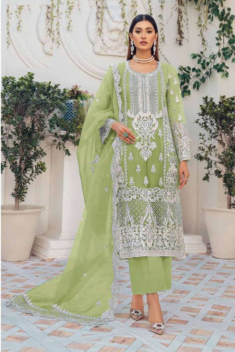 NEW DESIGNER FANCY PARTY WEAR GREEN NET PAKISATNI SALWAR SUIT JG 7786C