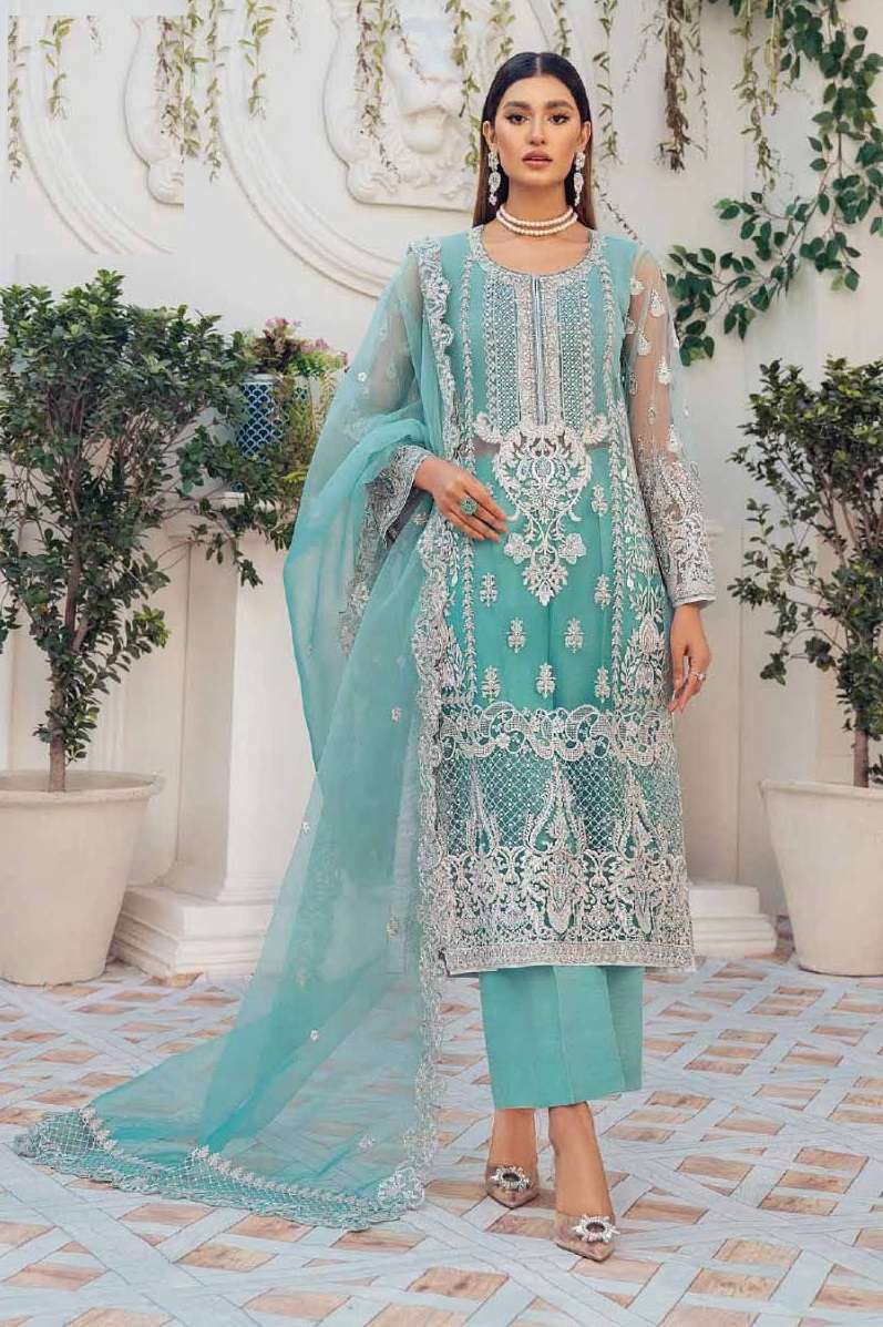 NEW DESIGNER FANCY PARTY WEAR SKY BLUE NET PAKISATNI SALWAR SUIT JG 7786A