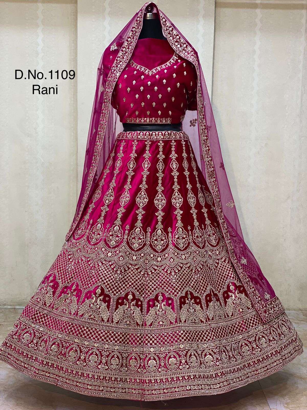 Rani Pink bridal heavy embroidered Lehenga Set- Rent